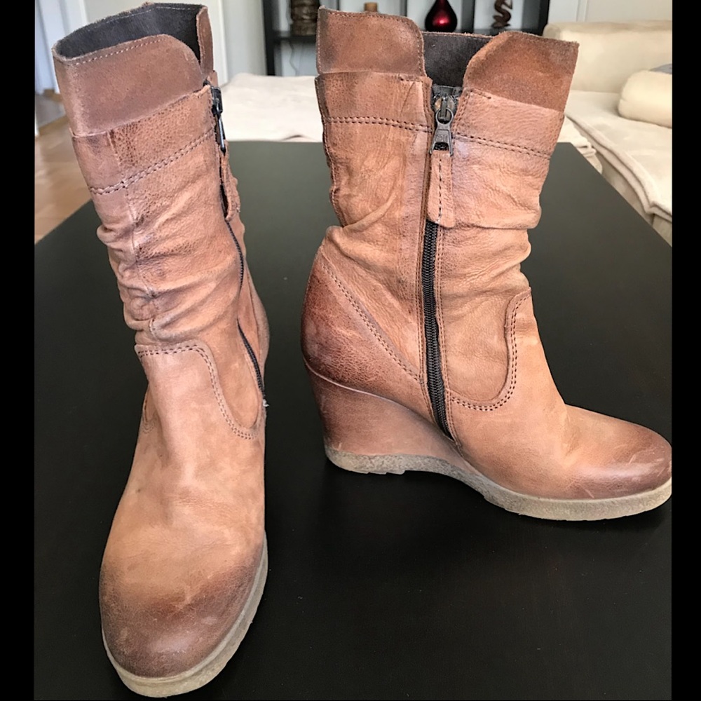 MJUS Leather Slouch Wedge Boots, Cognac, 38 / 7.5